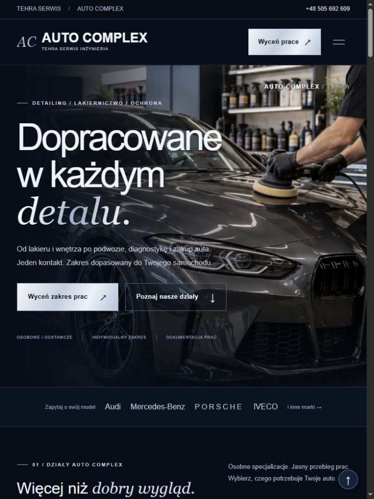 Rzeczywisty widok własnego serwisu TEHRA — Auto Complex — przykład struktury usług i poradników, nie demonstracja panelu WordPress