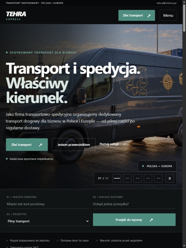 Rzeczywisty widok własnego serwisu TEHRA — TEHRA Express — odrębny formularz trasy, ładunku i kontaktu