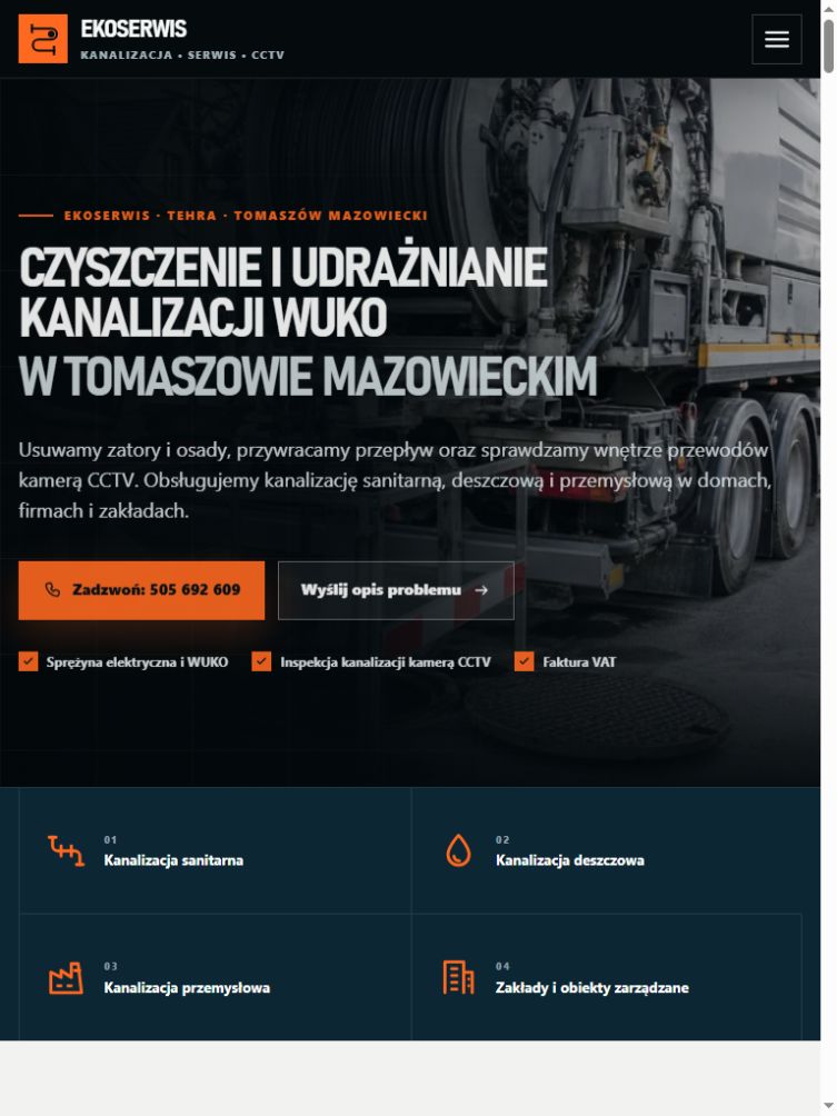 Rzeczywisty widok własnego serwisu TEHRA — EkoSerwis — przykład uporządkowanej oferty i pytań, nie realizacja chatbota